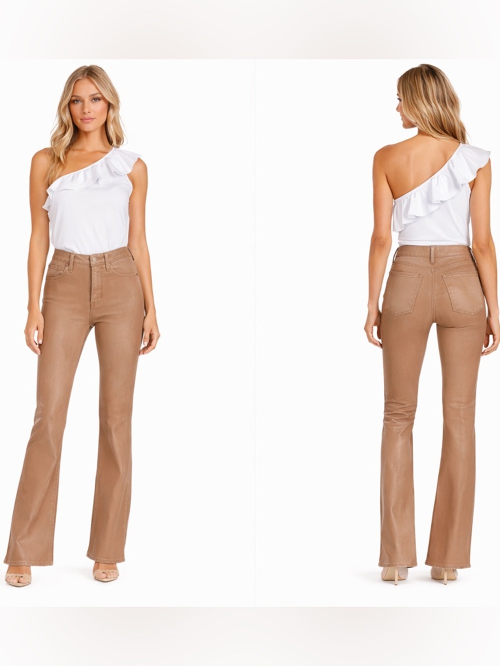 Hudson Faye High Rise Flare Jeans Coated Chinchilla Tan Stretch Size 25